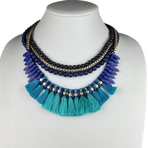 Stella & Dot Tresse Statement Necklace Faux Lapis Faux Turquoise Blue Fringe 16"